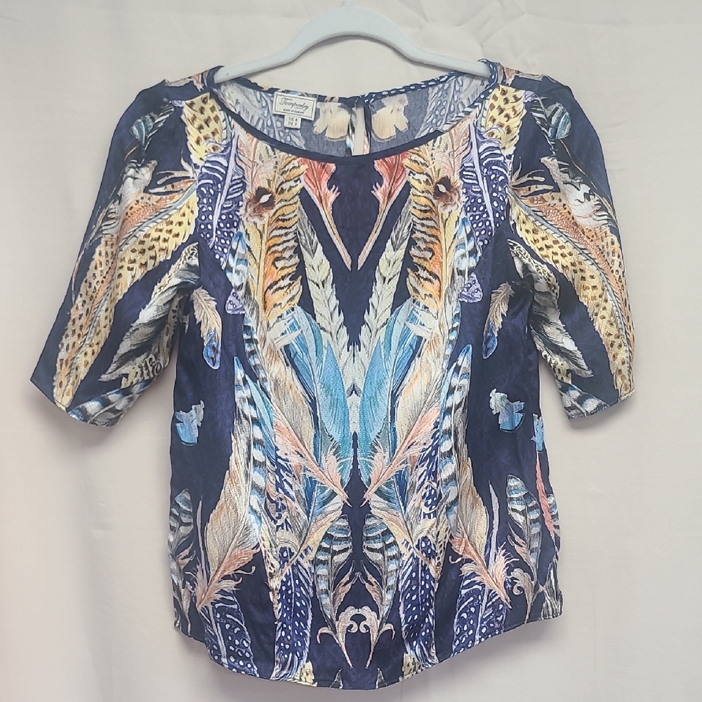 Temperley London 100% Silk Feather Print Blouse Top Blue Multicolor US 2